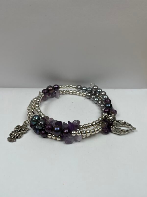 Purple and Silver Owl and Wings Charm Bangle